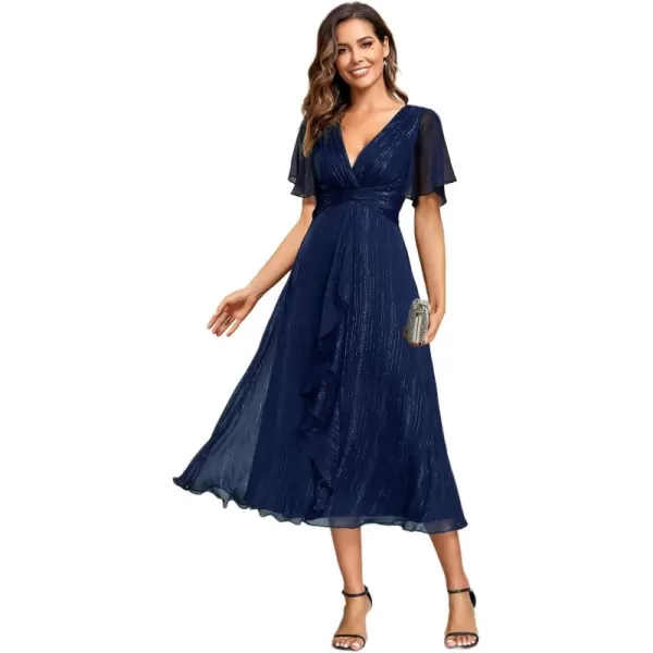 imageEverPretty Womens Summer Glitter Knot Waist V Neck Ruffles Sleeves Pleated Wedding Guest Dress 02131Navy Blue