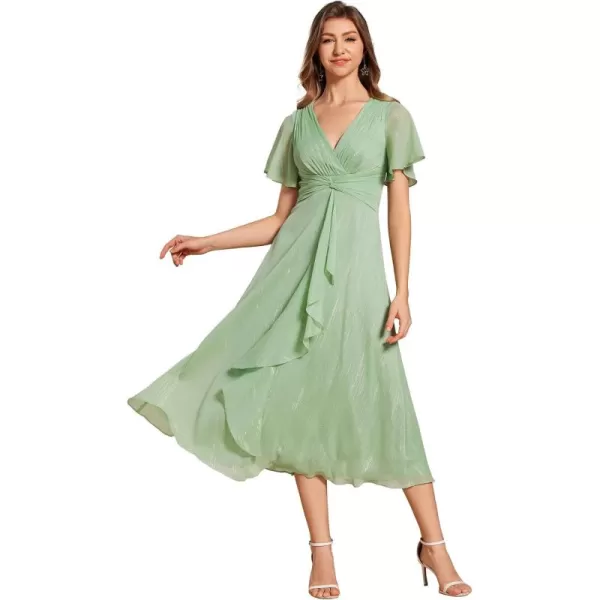 imageEverPretty Womens Summer Glitter Knot Waist V Neck Ruffles Sleeves Pleated Wedding Guest Dress 02131Summer Green