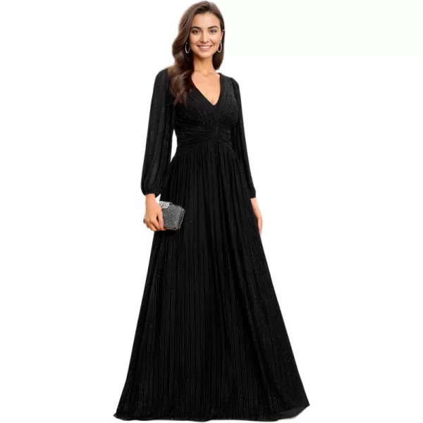 imageEverPretty Womens V Neck Ruched High Waist Long Sleeves Floor Length Glitter Evening Dresses 01961Black