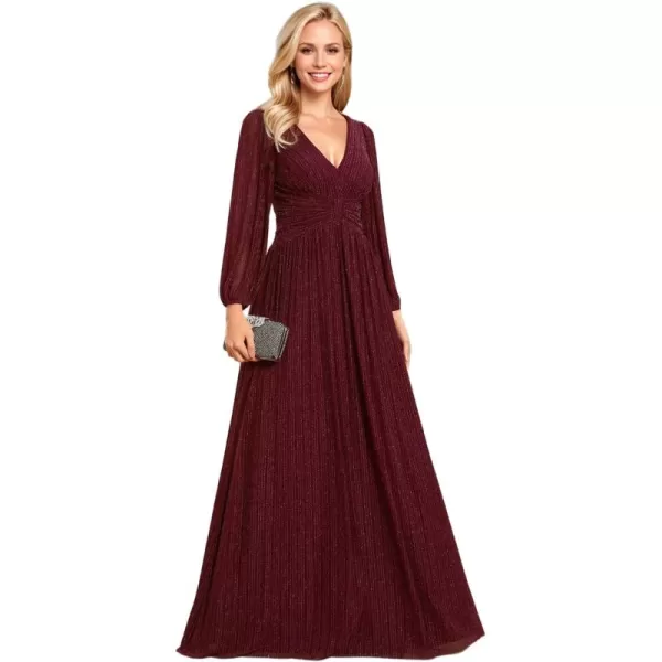 imageEverPretty Womens V Neck Ruched High Waist Long Sleeves Floor Length Glitter Evening Dresses 01961Burgundy