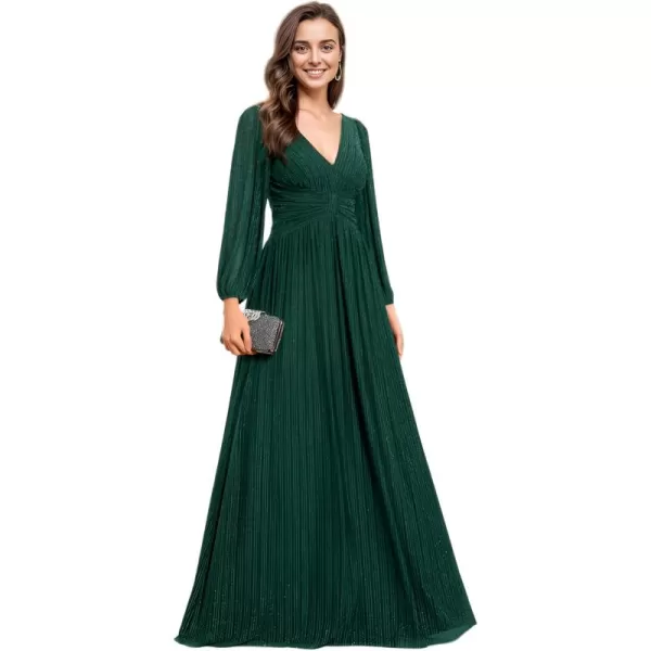 imageEverPretty Womens V Neck Ruched High Waist Long Sleeves Floor Length Glitter Evening Dresses 01961Deep Green