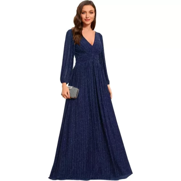 imageEverPretty Womens V Neck Ruched High Waist Long Sleeves Floor Length Glitter Evening Dresses 01961Navy Blue