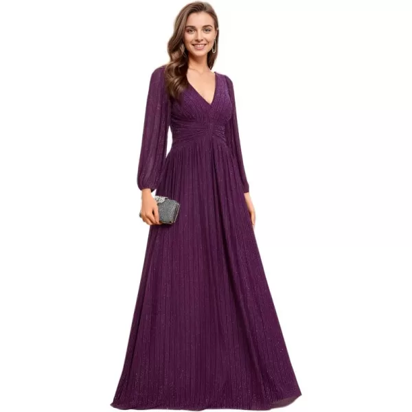 imageEverPretty Womens V Neck Ruched High Waist Long Sleeves Floor Length Glitter Evening Dresses 01961Purple Wisteria