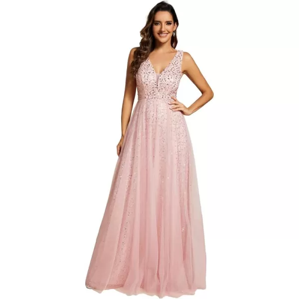 imageEverPretty Womens V Neck Sleeveless Formal Dresses A Line Sequin Maxi Evening Dresses 02163Pink