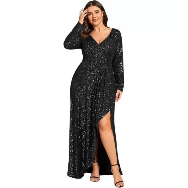 imageEverPretty Womens VNeck ALine Pleated Long Sleeves Floor Length Plus Size Sequin Dress Formal Evening Gowns 50146DABlack