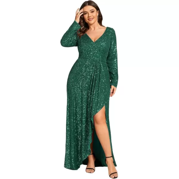 imageEverPretty Womens VNeck ALine Pleated Long Sleeves Floor Length Plus Size Sequin Dress Formal Evening Gowns 50146DADark Green