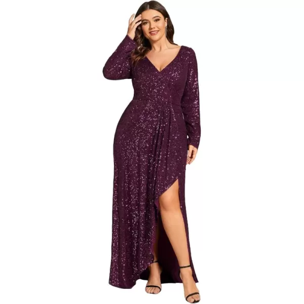 imageEverPretty Womens VNeck ALine Pleated Long Sleeves Floor Length Plus Size Sequin Dress Formal Evening Gowns 50146DADeep Purple