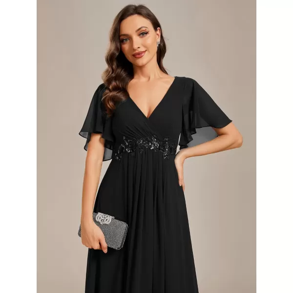 imageEverPretty Womens Chiffon ALine Ruched Short Sleeves Applique Waist V Neck Mother of The Bride DressesCblack