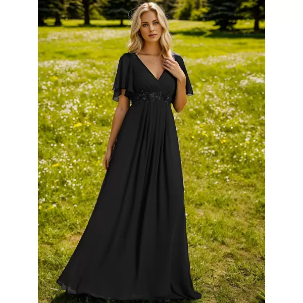 imageEverPretty Womens Chiffon ALine Ruched Short Sleeves Applique Waist V Neck Mother of The Bride DressesCblack