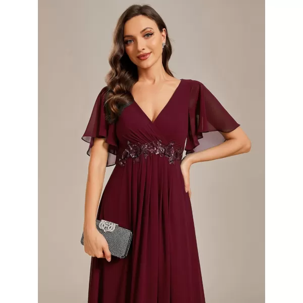 imageEverPretty Womens Chiffon ALine Ruched Short Sleeves Applique Waist V Neck Mother of The Bride DressesCburgundy