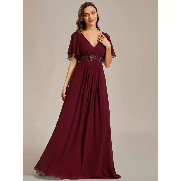 imageEverPretty Womens Chiffon ALine Ruched Short Sleeves Applique Waist V Neck Mother of The Bride DressesCburgundy