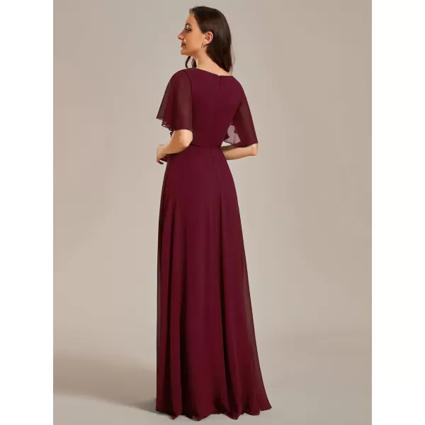 imageEverPretty Womens Chiffon ALine Ruched Short Sleeves Applique Waist V Neck Mother of The Bride DressesCburgundy