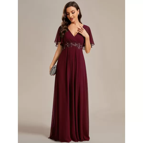 imageEverPretty Womens Chiffon ALine Ruched Short Sleeves Applique Waist V Neck Mother of The Bride DressesCburgundy