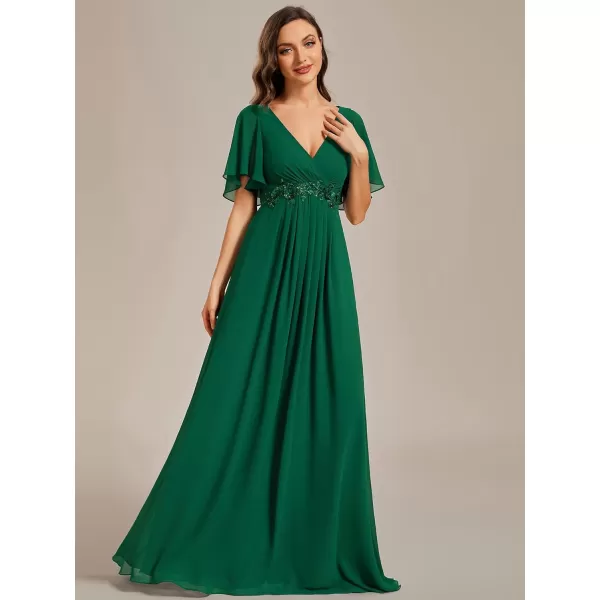 imageEverPretty Womens Chiffon ALine Ruched Short Sleeves Applique Waist V Neck Mother of The Bride DressesCdeep Green