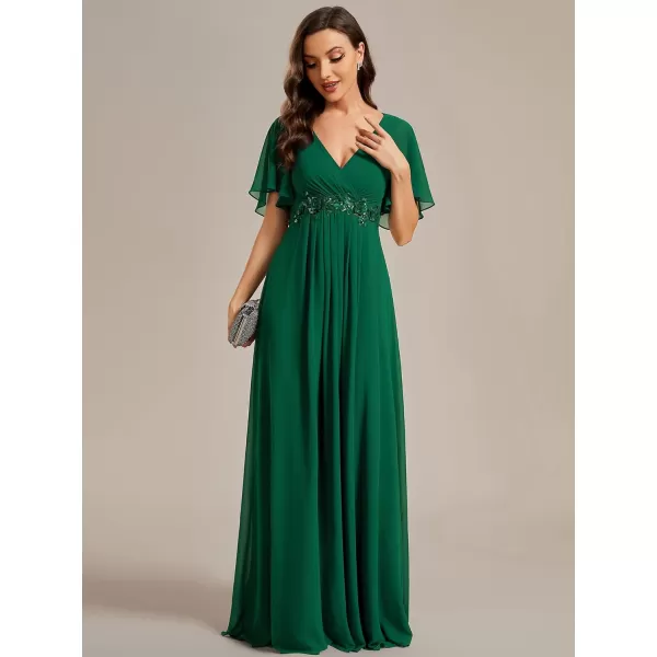 imageEverPretty Womens Chiffon ALine Ruched Short Sleeves Applique Waist V Neck Mother of The Bride DressesCdeep Green