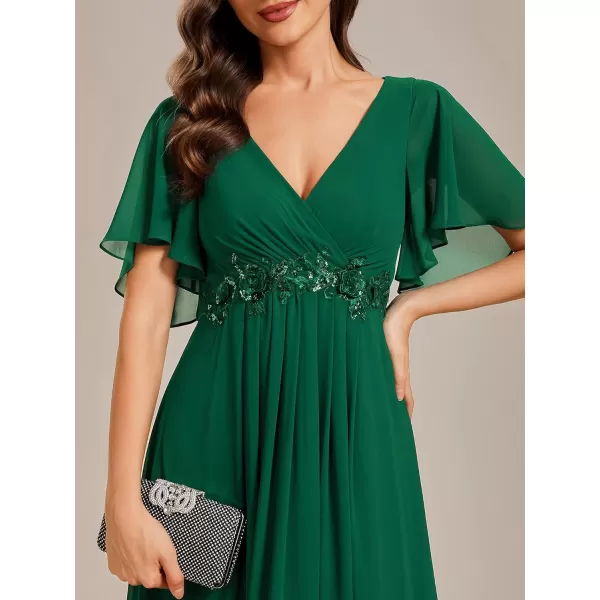 imageEverPretty Womens Chiffon ALine Ruched Short Sleeves Applique Waist V Neck Mother of The Bride DressesCdeep Green