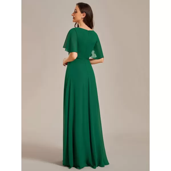 imageEverPretty Womens Chiffon ALine Ruched Short Sleeves Applique Waist V Neck Mother of The Bride DressesCdeep Green