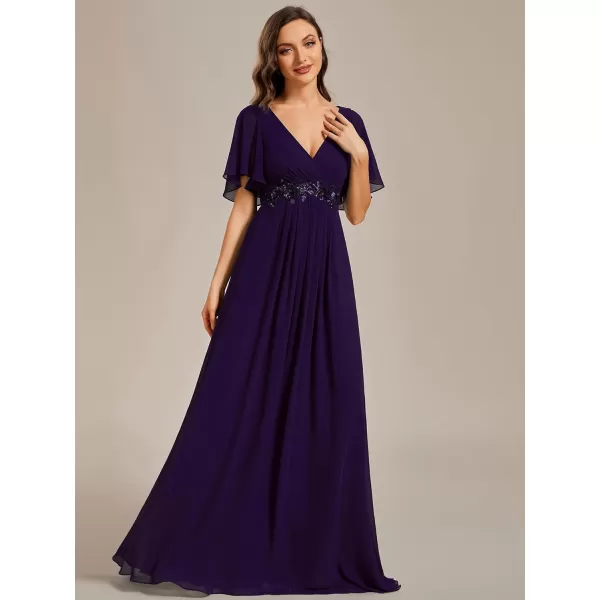 imageEverPretty Womens Chiffon ALine Ruched Short Sleeves Applique Waist V Neck Mother of The Bride DressesCdeep Purple