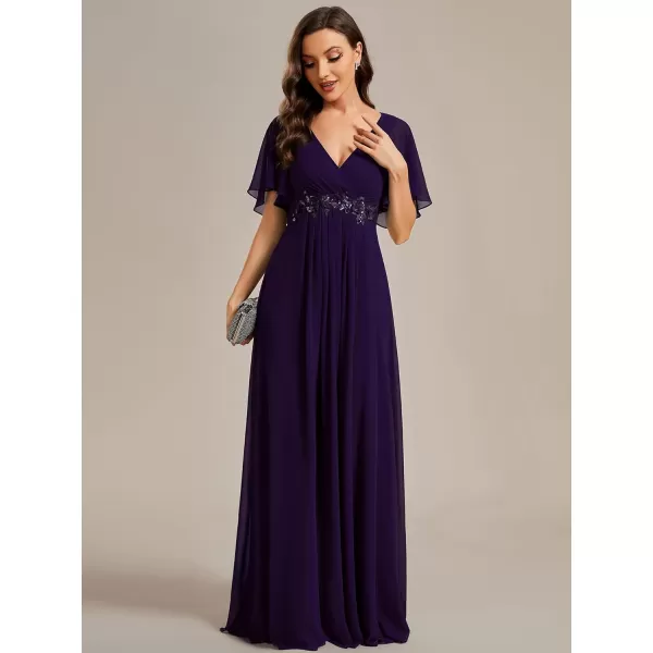 imageEverPretty Womens Chiffon ALine Ruched Short Sleeves Applique Waist V Neck Mother of The Bride DressesCdeep Purple