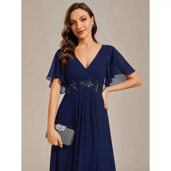 imageEverPretty Womens Chiffon ALine Ruched Short Sleeves Applique Waist V Neck Mother of The Bride DressesCnavy Blue