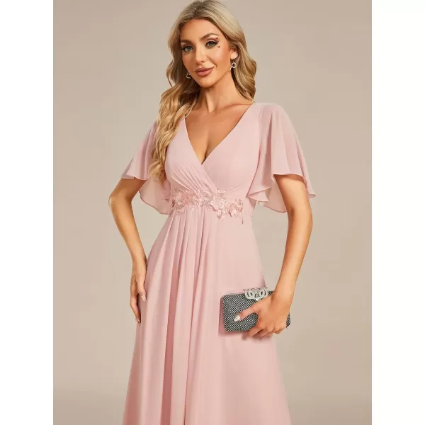 imageEverPretty Womens Chiffon ALine Ruched Short Sleeves Applique Waist V Neck Mother of The Bride DressesCpink