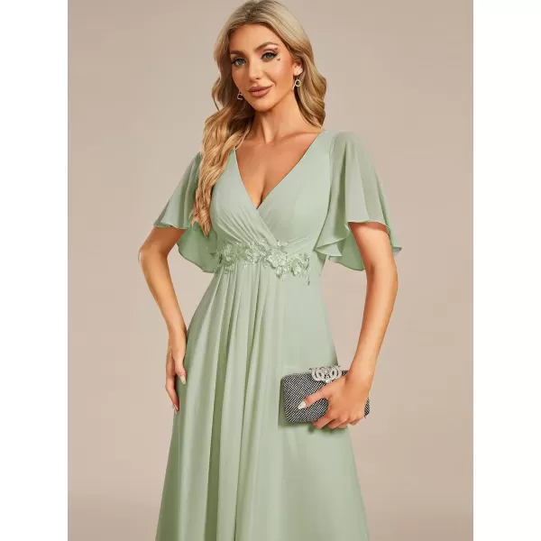 imageEverPretty Womens Chiffon ALine Ruched Short Sleeves Applique Waist V Neck Mother of The Bride DressesMint Green