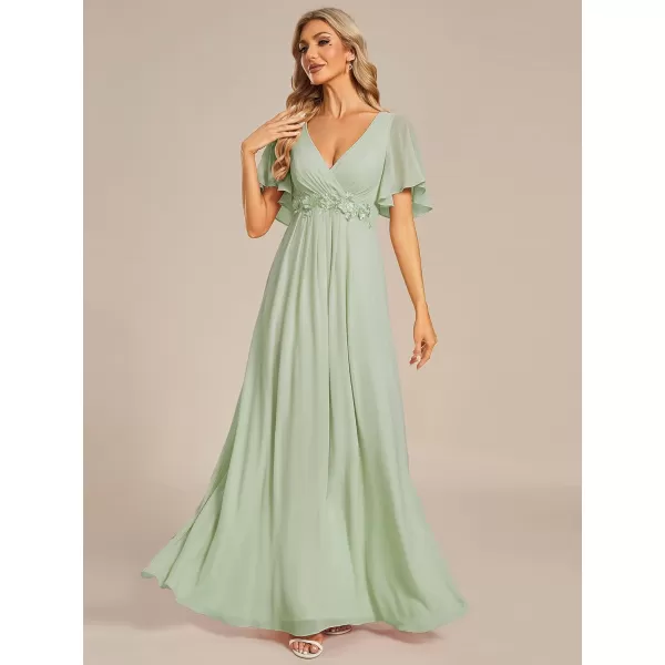 imageEverPretty Womens Chiffon ALine Ruched Short Sleeves Applique Waist V Neck Mother of The Bride DressesMint Green