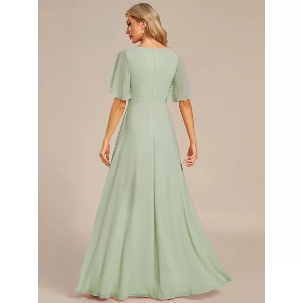 imageEverPretty Womens Chiffon ALine Ruched Short Sleeves Applique Waist V Neck Mother of The Bride DressesMint Green