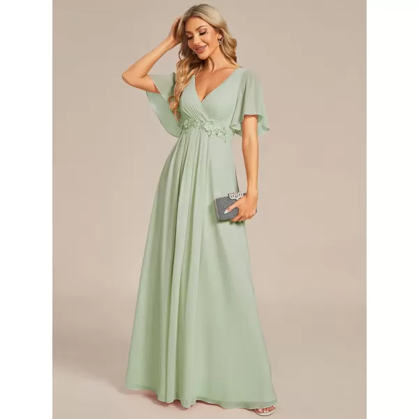 imageEverPretty Womens Chiffon ALine Ruched Short Sleeves Applique Waist V Neck Mother of The Bride DressesMint Green