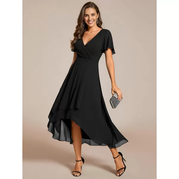 imageEverPretty Womens Chiffon Formal Dresses V Neck Ruffle Sleeves Pleated High Low Summer Wedding Guest DressAblack