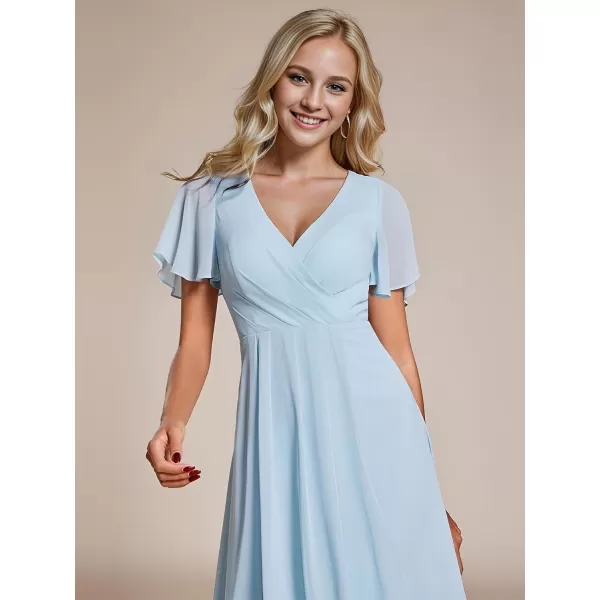 imageEverPretty Womens Chiffon Formal Dresses V Neck Ruffle Sleeves Pleated High Low Summer Wedding Guest DressAblue