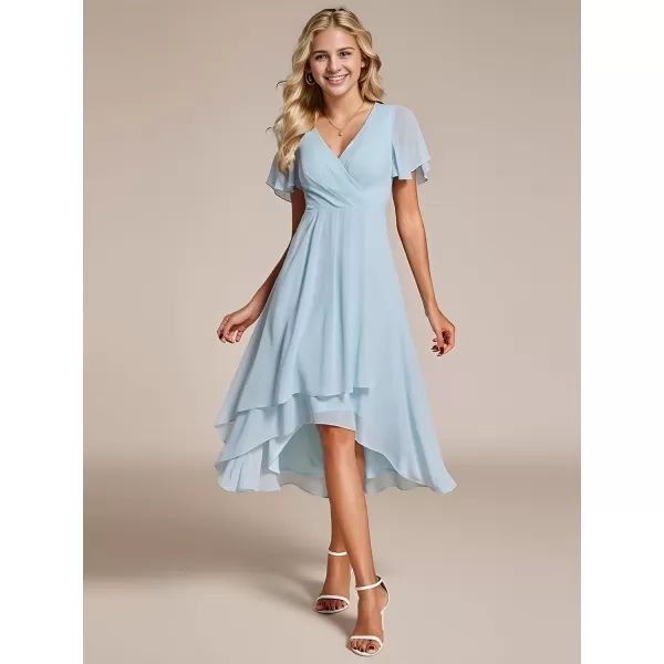 imageEverPretty Womens Chiffon Formal Dresses V Neck Ruffle Sleeves Pleated High Low Summer Wedding Guest DressAblue