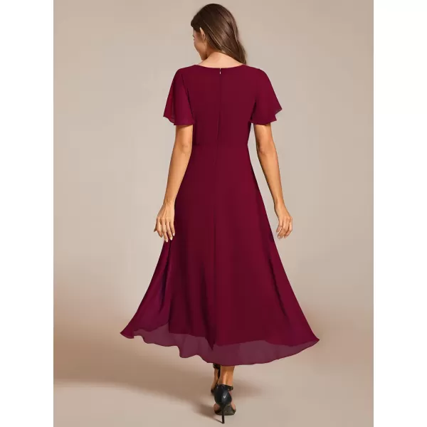 imageEverPretty Womens Chiffon Formal Dresses V Neck Ruffle Sleeves Pleated High Low Summer Wedding Guest DressAburgundy