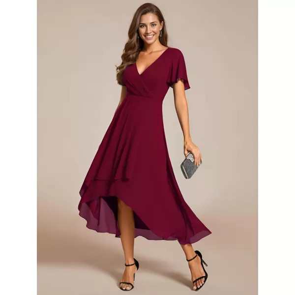 imageEverPretty Womens Chiffon Formal Dresses V Neck Ruffle Sleeves Pleated High Low Summer Wedding Guest DressAburgundy