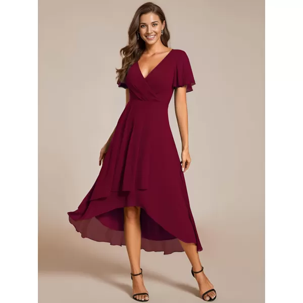 imageEverPretty Womens Chiffon Formal Dresses V Neck Ruffle Sleeves Pleated High Low Summer Wedding Guest DressAburgundy