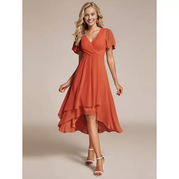 imageEverPretty Womens Chiffon Formal Dresses V Neck Ruffle Sleeves Pleated High Low Summer Wedding Guest DressAburnt Orange