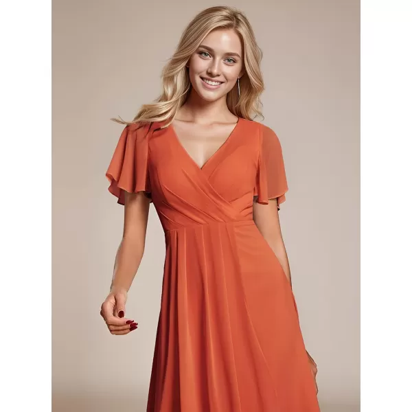 imageEverPretty Womens Chiffon Formal Dresses V Neck Ruffle Sleeves Pleated High Low Summer Wedding Guest DressAburnt Orange