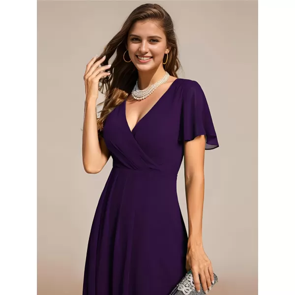 imageEverPretty Womens Chiffon Formal Dresses V Neck Ruffle Sleeves Pleated High Low Summer Wedding Guest DressAdeep Purple