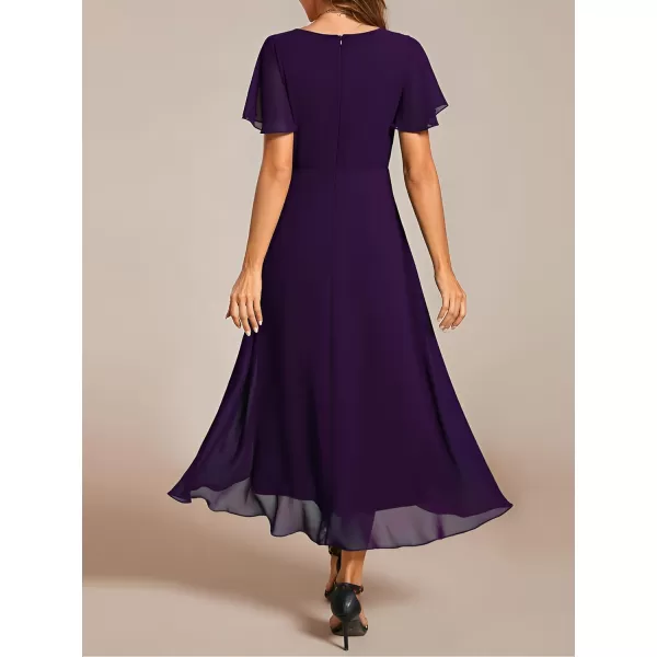 imageEverPretty Womens Chiffon Formal Dresses V Neck Ruffle Sleeves Pleated High Low Summer Wedding Guest DressAdeep Purple