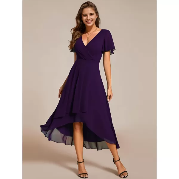 imageEverPretty Womens Chiffon Formal Dresses V Neck Ruffle Sleeves Pleated High Low Summer Wedding Guest DressAdeep Purple