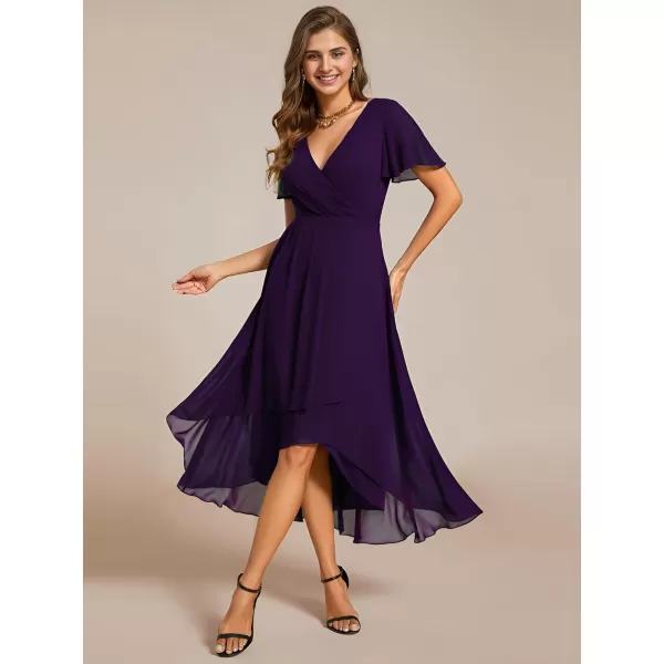 imageEverPretty Womens Chiffon Formal Dresses V Neck Ruffle Sleeves Pleated High Low Summer Wedding Guest DressAdeep Purple