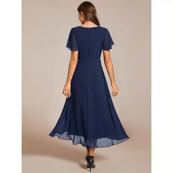 imageEverPretty Womens Chiffon Formal Dresses V Neck Ruffle Sleeves Pleated High Low Summer Wedding Guest DressAnavy Blue