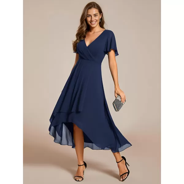 imageEverPretty Womens Chiffon Formal Dresses V Neck Ruffle Sleeves Pleated High Low Summer Wedding Guest DressAnavy Blue