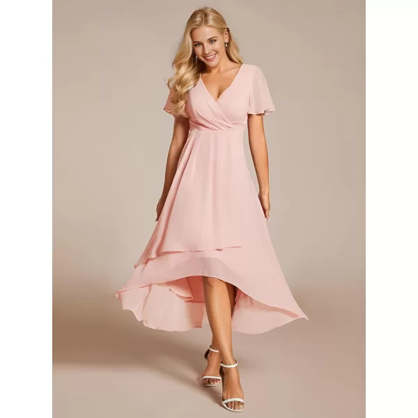 imageEverPretty Womens Chiffon Formal Dresses V Neck Ruffle Sleeves Pleated High Low Summer Wedding Guest DressApink