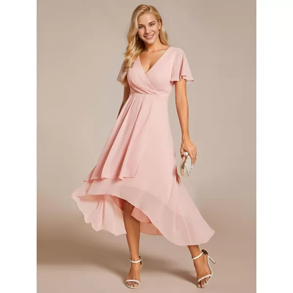 imageEverPretty Womens Chiffon Formal Dresses V Neck Ruffle Sleeves Pleated High Low Summer Wedding Guest DressApink