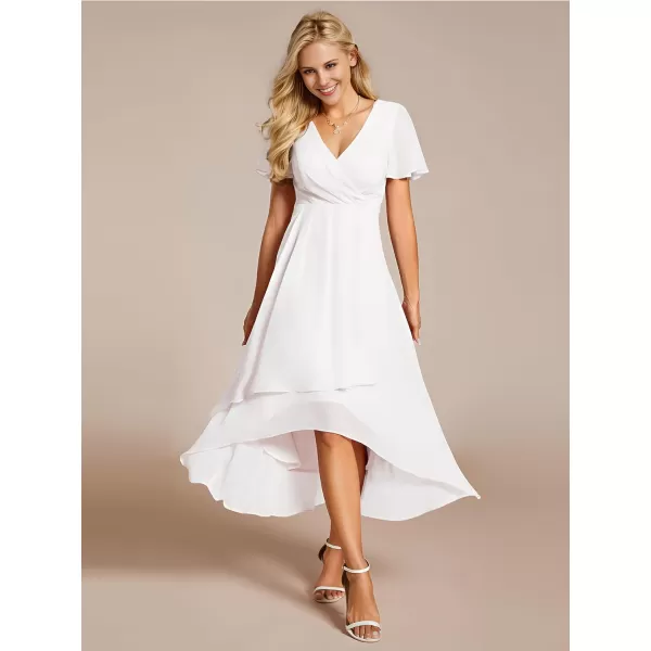 imageEverPretty Womens Chiffon Formal Dresses V Neck Ruffle Sleeves Pleated High Low Summer Wedding Guest DressAwhite