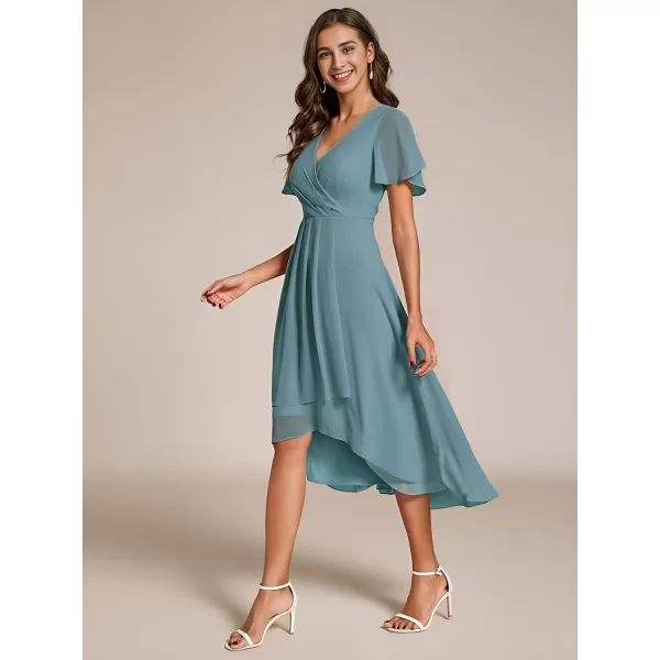 imageEverPretty Womens Chiffon Formal Dresses V Neck Ruffle Sleeves Pleated High Low Summer Wedding Guest DressDusty Blue