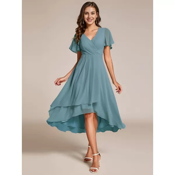 imageEverPretty Womens Chiffon Formal Dresses V Neck Ruffle Sleeves Pleated High Low Summer Wedding Guest DressDusty Blue