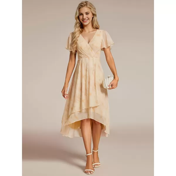 imageEverPretty Womens Chiffon Formal Dresses V Neck Ruffle Sleeves Pleated High Low Summer Wedding Guest DressGolden Roses