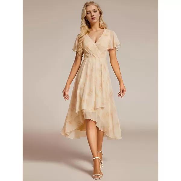 imageEverPretty Womens Chiffon Formal Dresses V Neck Ruffle Sleeves Pleated High Low Summer Wedding Guest DressGolden Roses